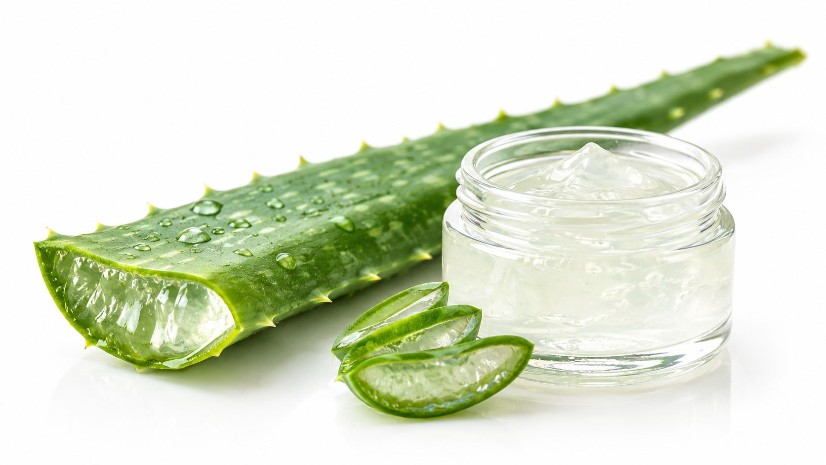 A glass jar filled with clear aloe vera gel next to a fresh aloe vera leaf.