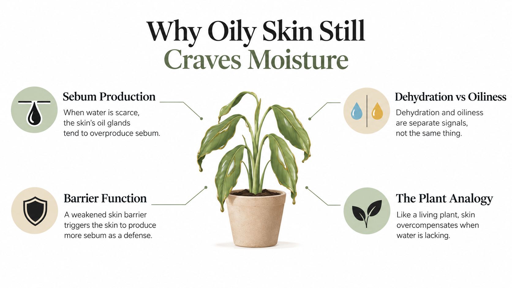 An educational infographic explaining why oily skin requires moisture, using a plant analogy for illustration.