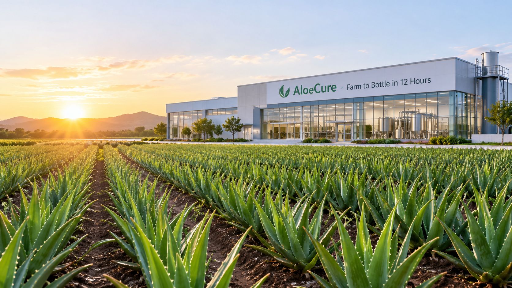 A scenic view of a large AloeCure facility surrounded by expansive rows of thriving aloe vera plants.