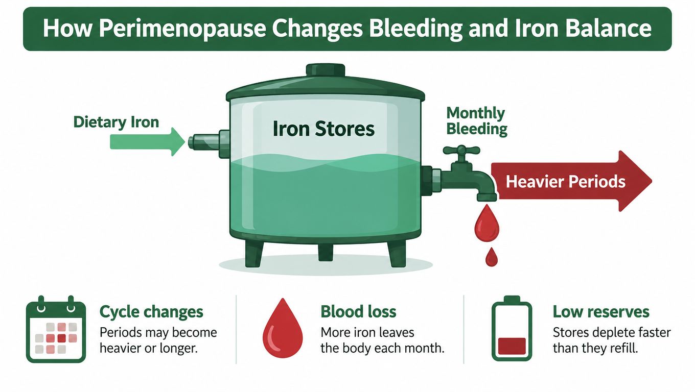 A diagram illustrating how perimenopause affects iron balance through heavier periods and increased monthly blood loss.