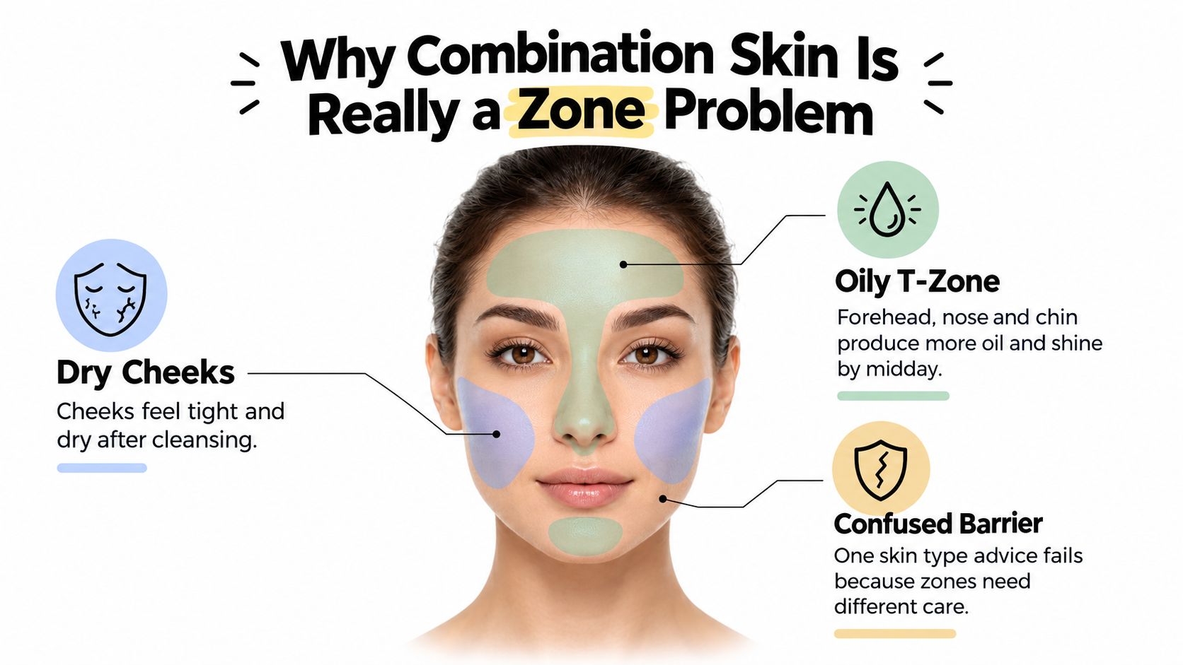 A diagram illustrating combination skin by highlighting the oily T-zone and dry cheeks on a woman's face.