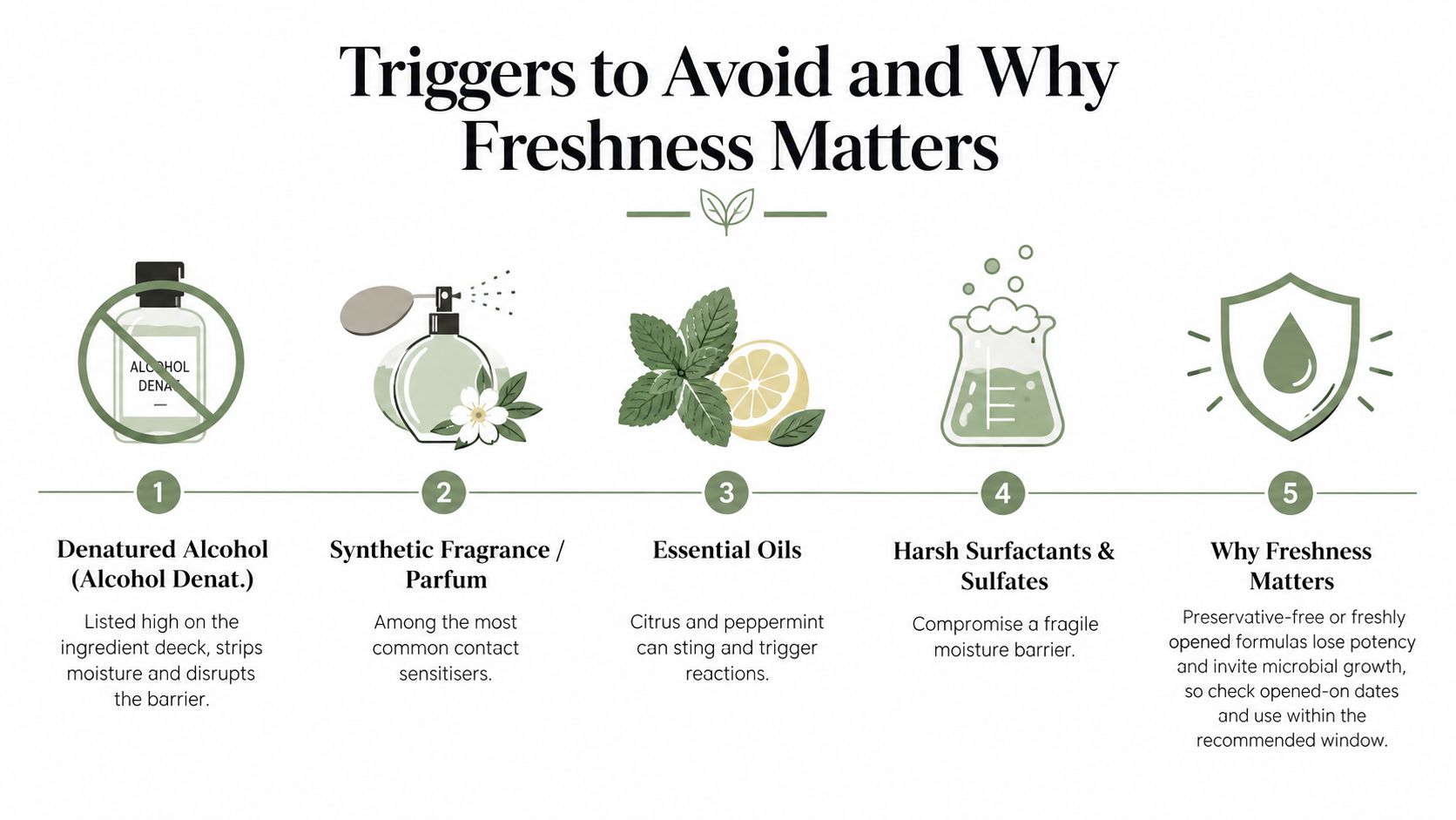 An infographic listing skincare ingredients to avoid, including alcohol, fragrances, and surfactants, for sensitive skin.