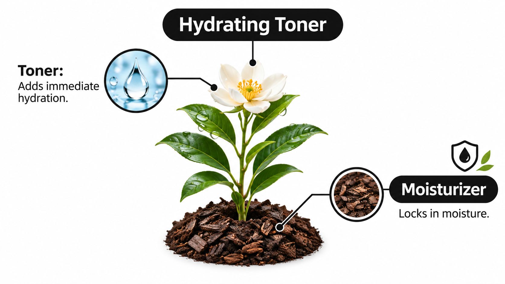 A botanical analogy showing how hydrating toner provides moisture to a plant like skin hydration.