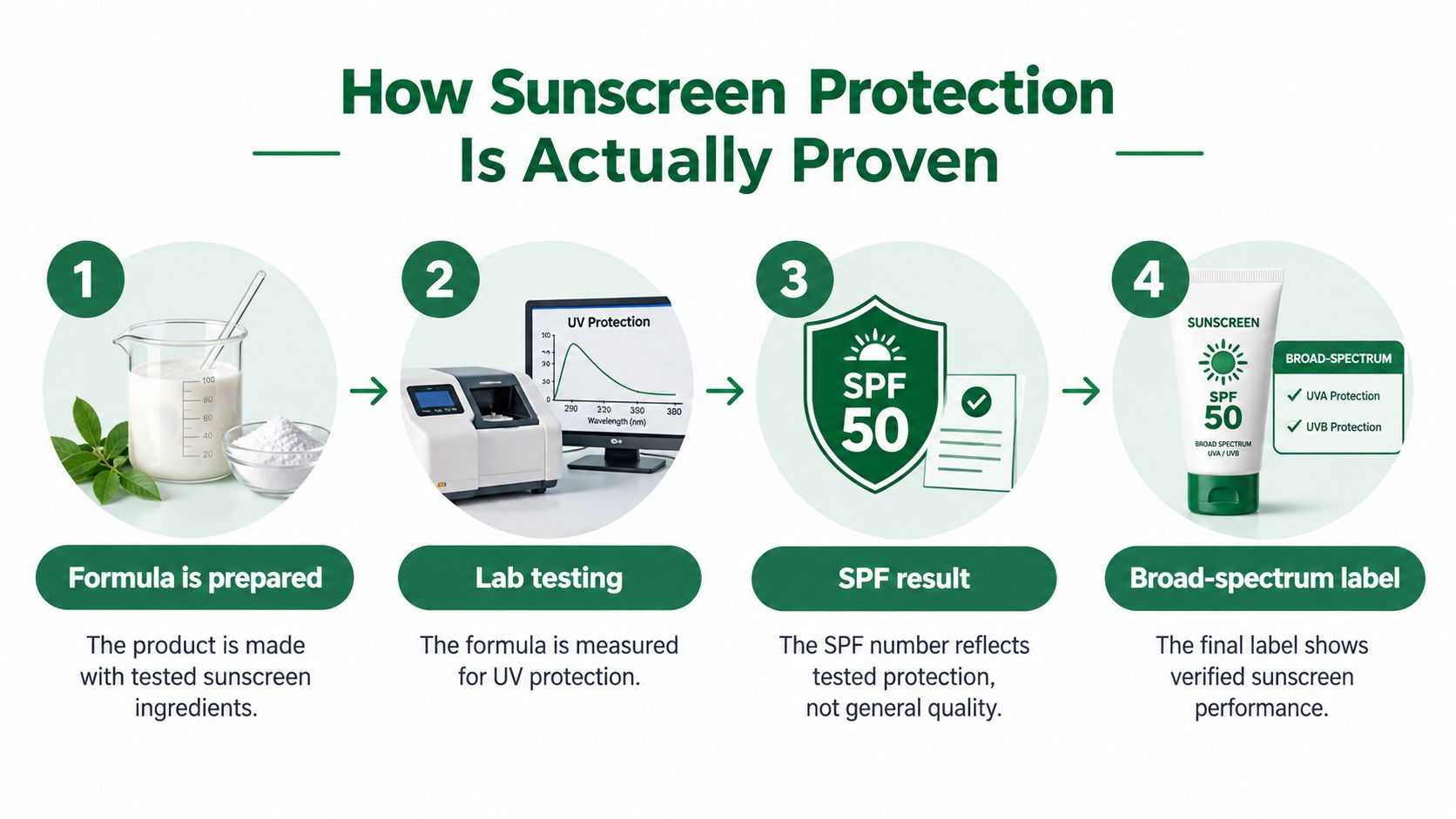 A four-step infographic explaining the scientific process of how sunscreen protection is tested and verified for labeling.