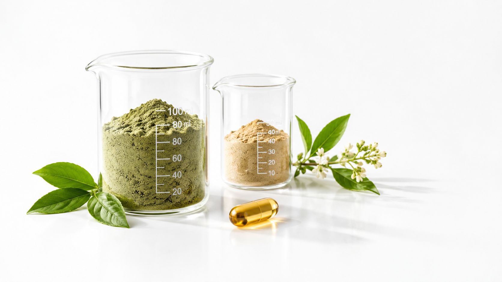 Two glass beakers filled with green and beige powders next to a supplement capsule and green leaves.