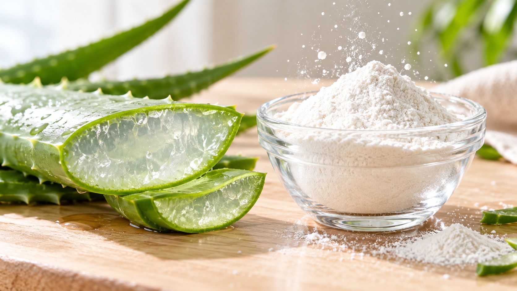 A glass bowl filled with white aloe vera powder next to fresh sliced aloe vera leaves.