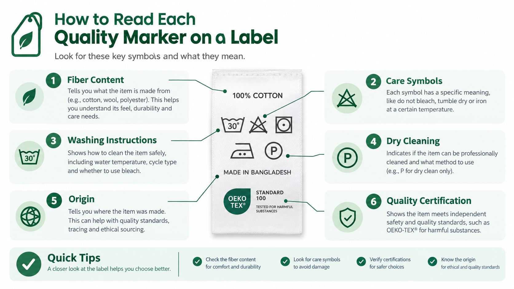 An infographic explaining how to read clothing labels, identifying fiber content, care symbols, origin, and certifications.