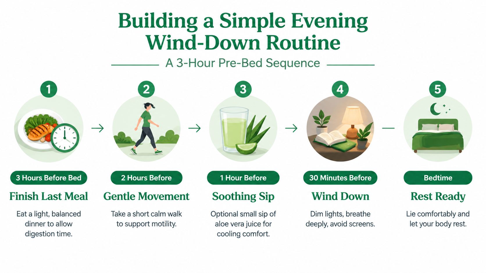 A five-step infographic illustrating a simple evening routine to improve digestion before bedtime.
