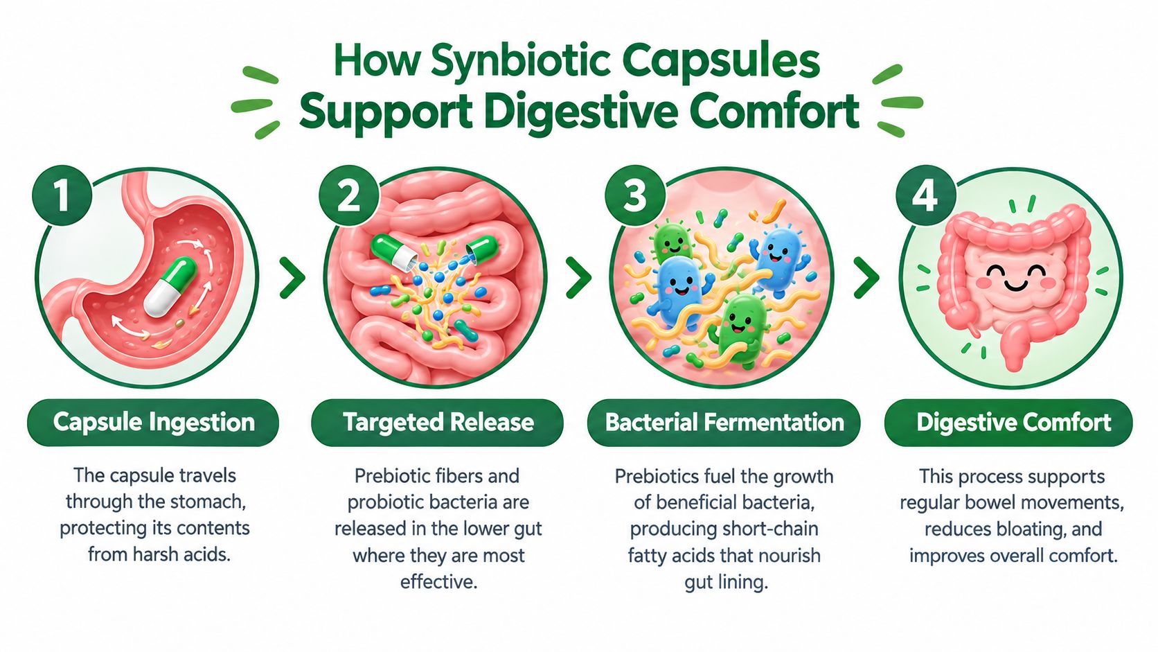 An infographic illustrating how synbiotic capsules travel through the digestive system to provide probiotic and prebiotic benefits.