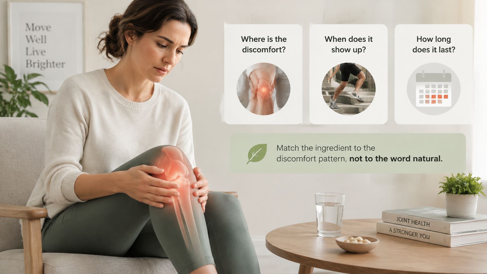 A woman holding her painful knee with educational icons about joint discomfort patterns displayed nearby.
