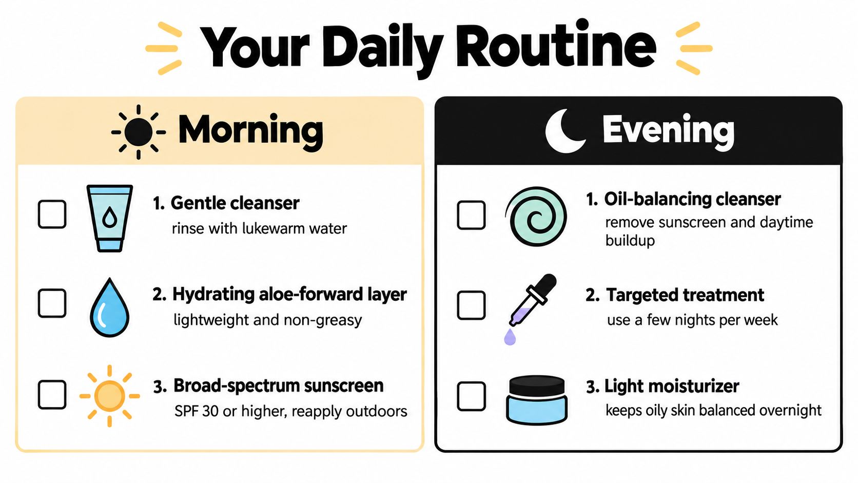 A daily skincare routine checklist for oily skin featuring morning and evening steps in an infographic.