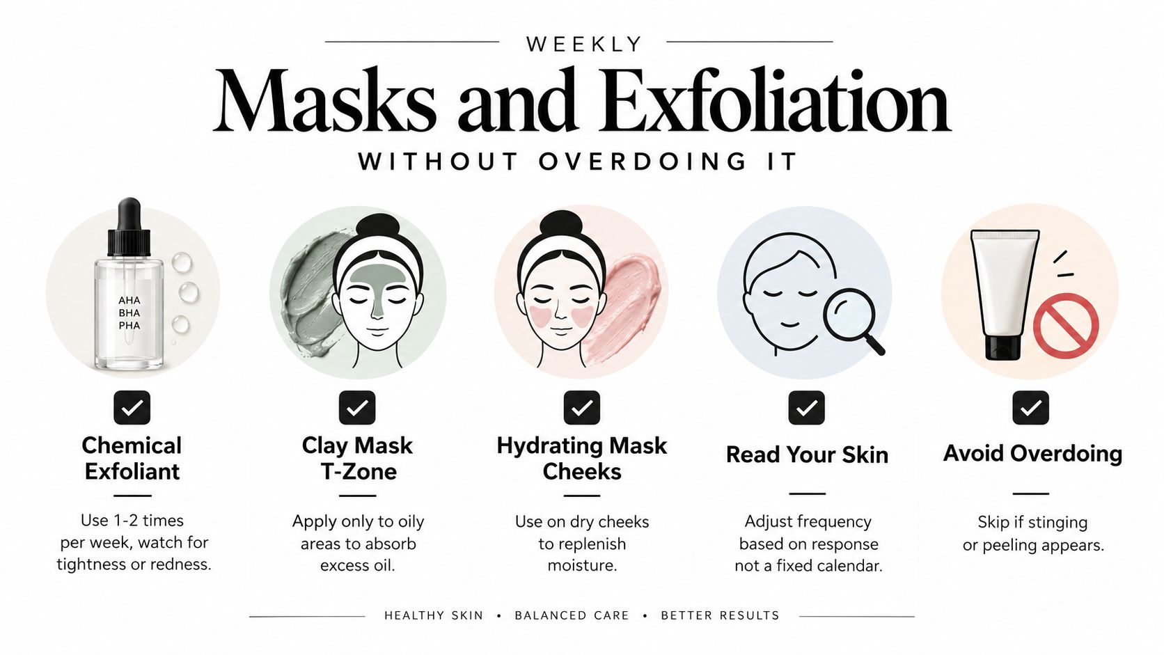 An infographic illustrating weekly skin care routines including chemical exfoliation, clay masks, and hydrating masks for combination skin.