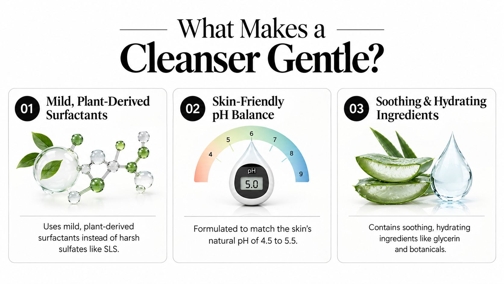 An infographic titled What Makes a Cleanser Gentle, illustrating three key factors: plant-derived surfactants, pH balance, and hydrating ingredients.