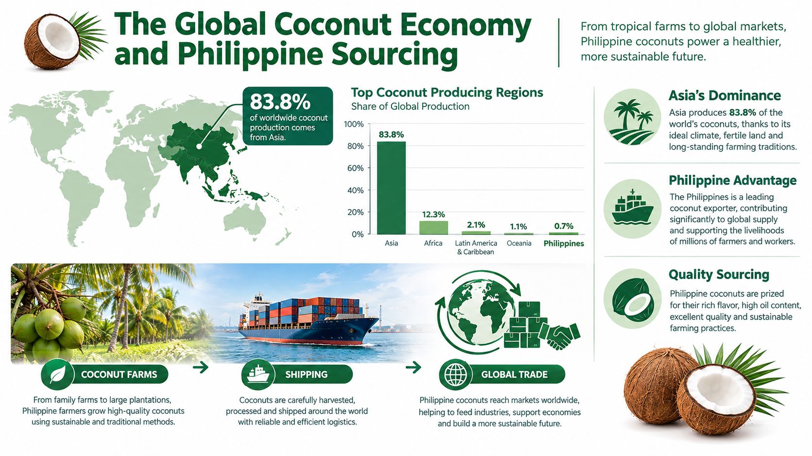 An infographic detailing the global coconut economy, highlighting Asia's production dominance and Philippine sustainable sourcing methods.