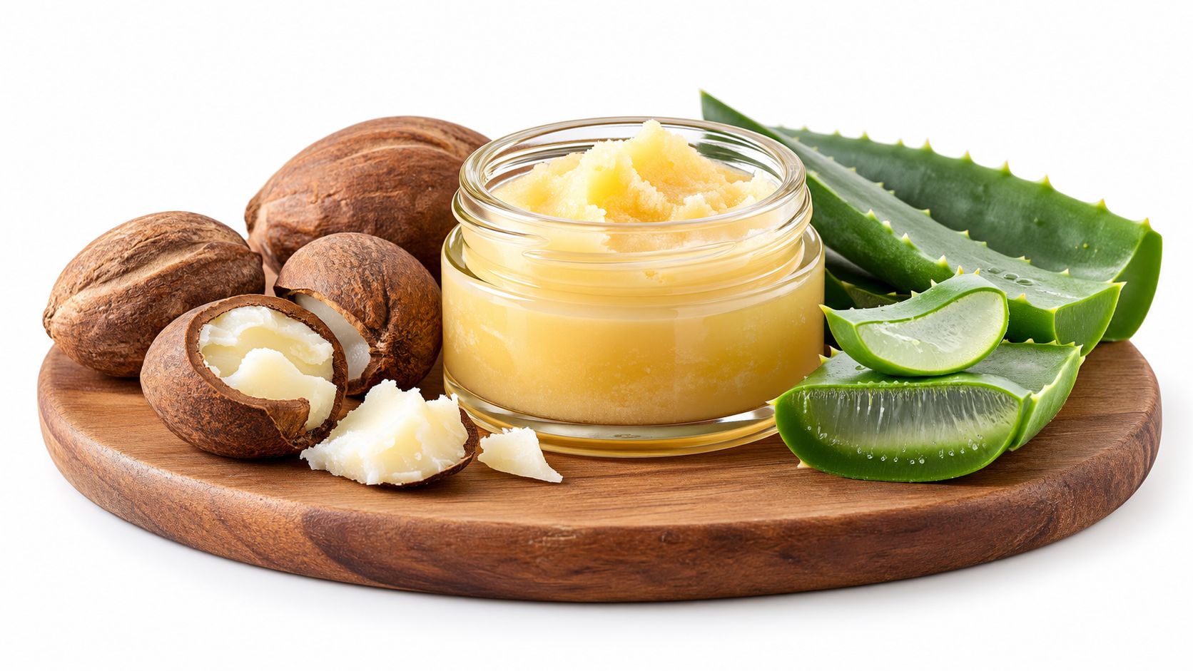 A glass jar of yellow shea butter surrounded by raw shea nuts and fresh aloe vera leaves.
