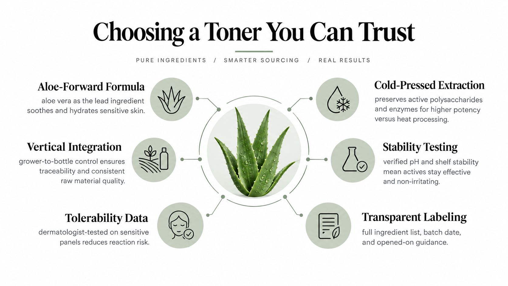 An infographic detailing the benefits of an aloe-based toner for sensitive skin, focusing on quality and transparency.