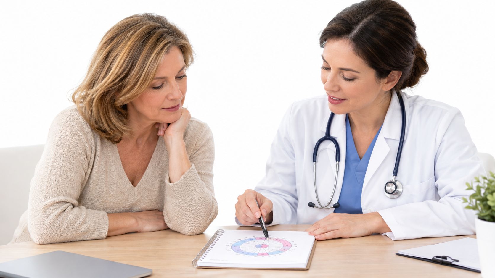 A female doctor in a lab coat explains a medical chart to a middle-aged patient during consultation.