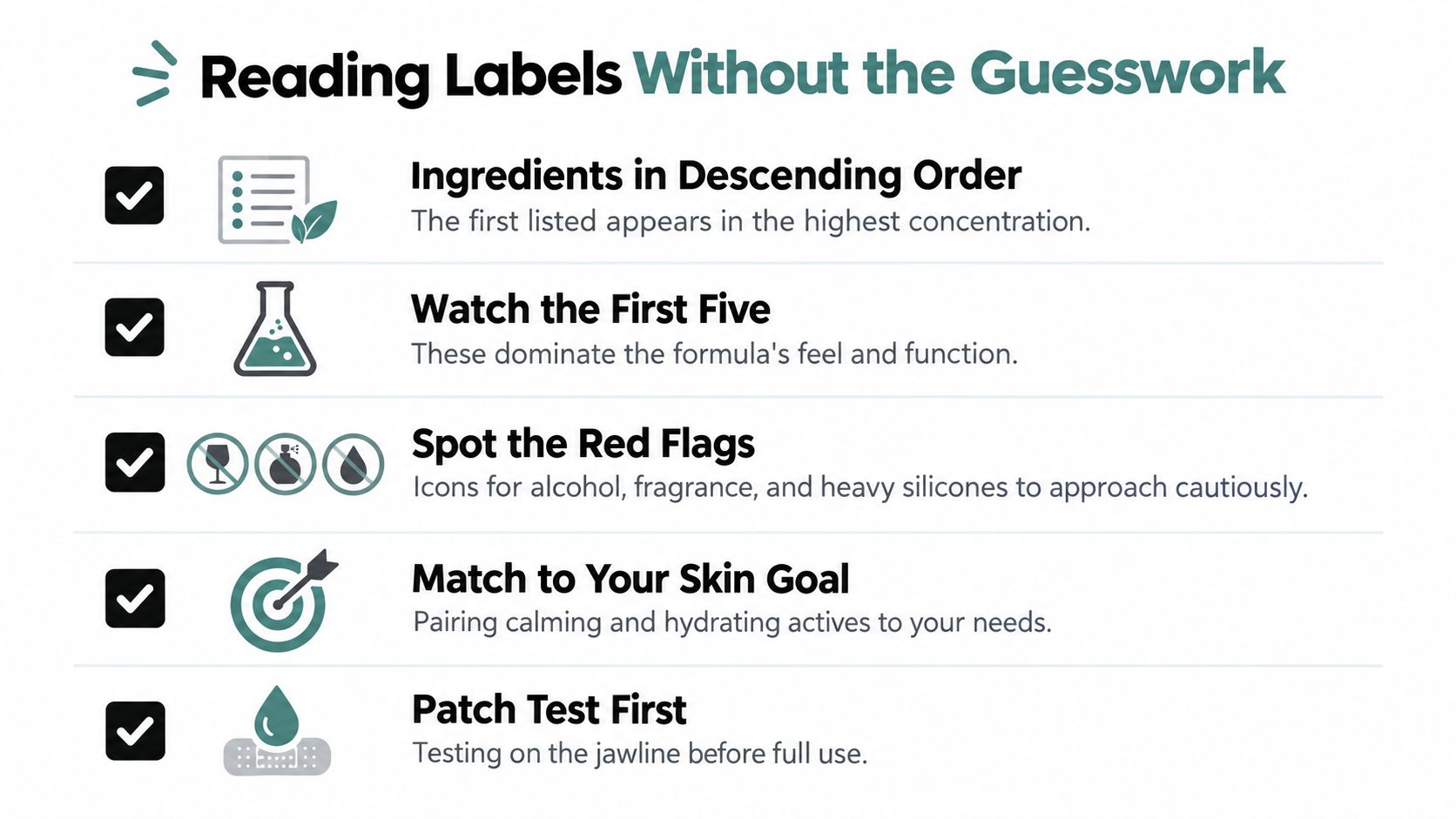 An infographic titled Reading Labels Without the Guesswork, illustrating five key tips for evaluating skincare ingredient lists.