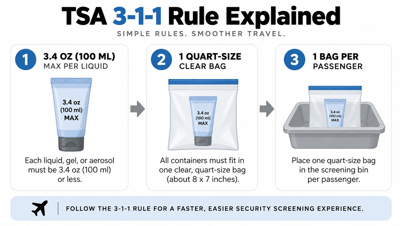 A visual guide illustrating the TSA 3-1-1 rule for carry-on liquids, gels, and aerosols at security screenings.