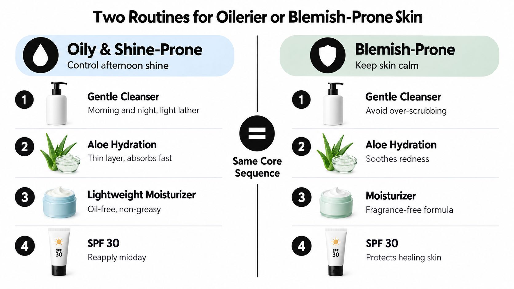An infographic comparing two skincare routines for oily or blemish-prone skin featuring four daily steps.