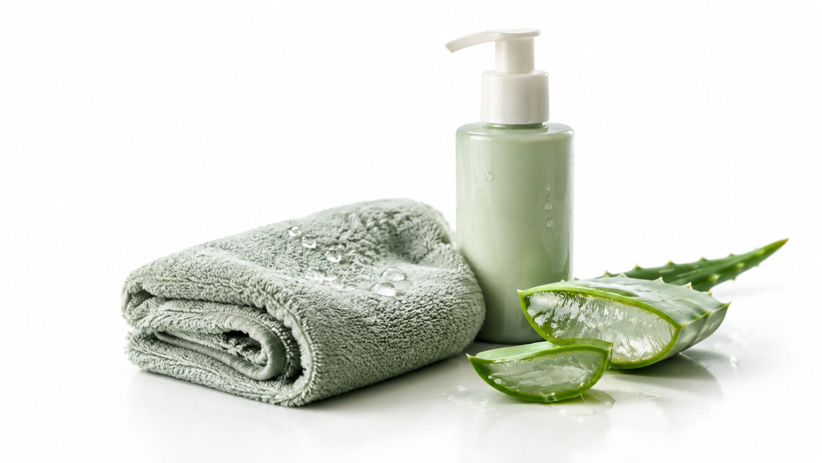 A soft green towel, a lotion dispenser, and sliced fresh aloe vera leaves on white surface.