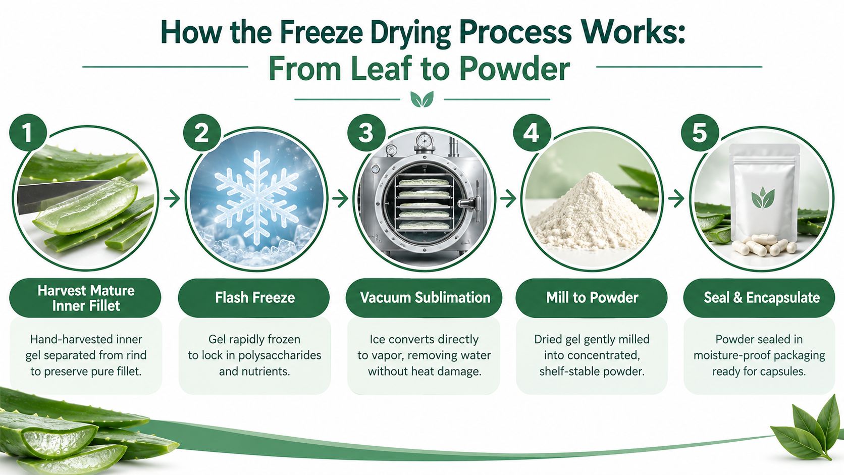 A five-step infographic showing the freeze drying process of aloe vera from harvest to encapsulated powder.