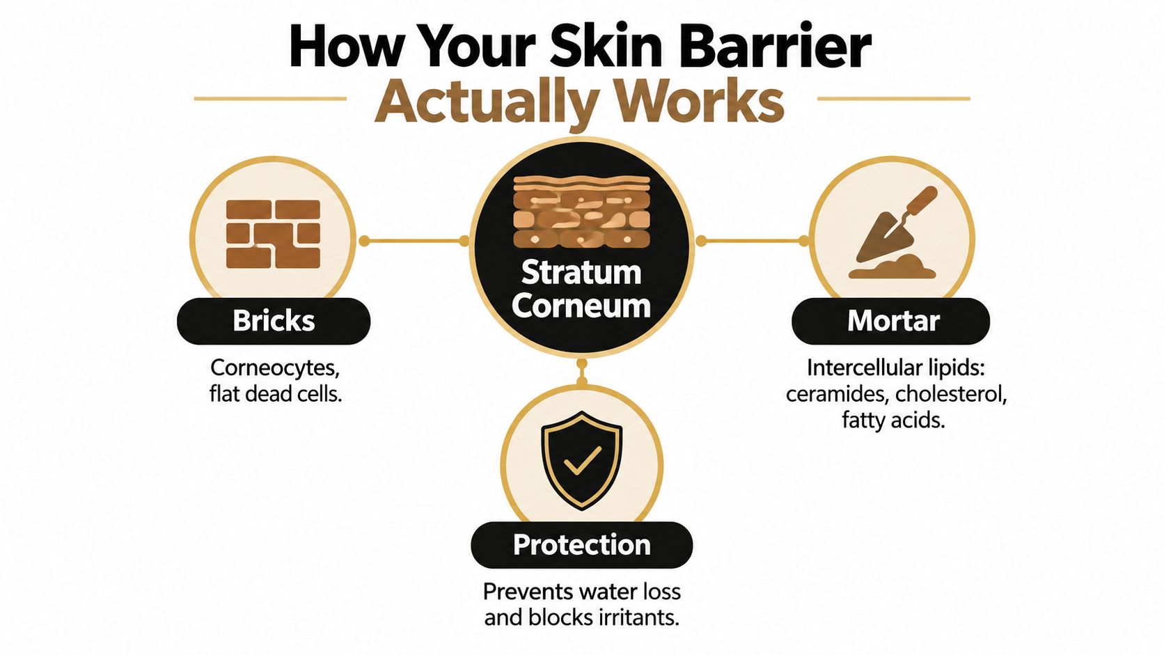 An infographic diagram explaining the brick and mortar structure of the skin barrier, specifically the stratum corneum.