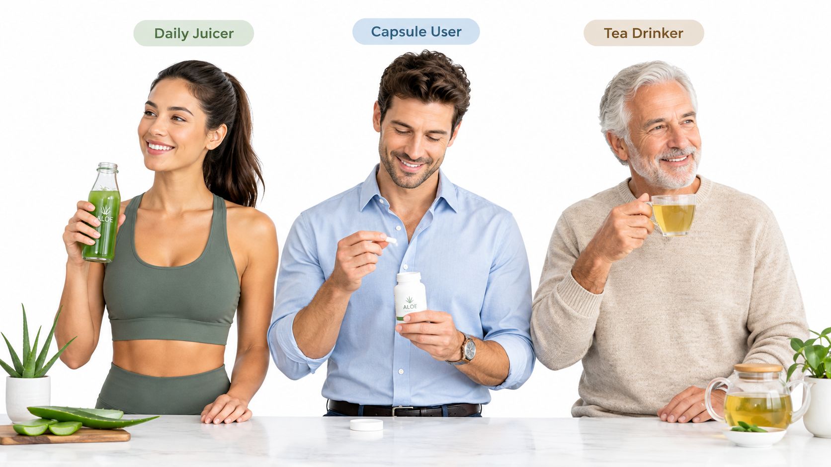 A woman, man, and senior man demonstrating different ways to consume aloe vera including juice, capsules, and tea.