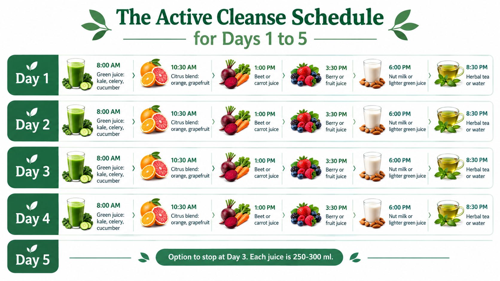 A five day active juice cleanse schedule showing times, juice types, and healthy ingredients for each day.