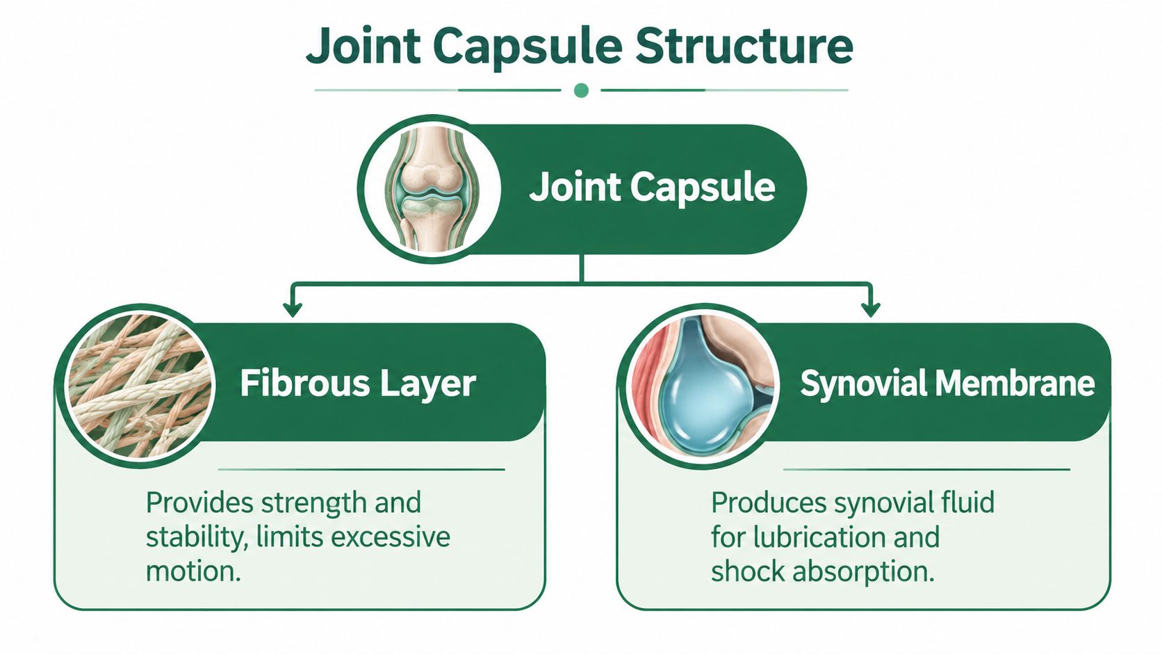 A diagram illustrating the two main components of the joint capsule: the fibrous layer and synovial membrane.