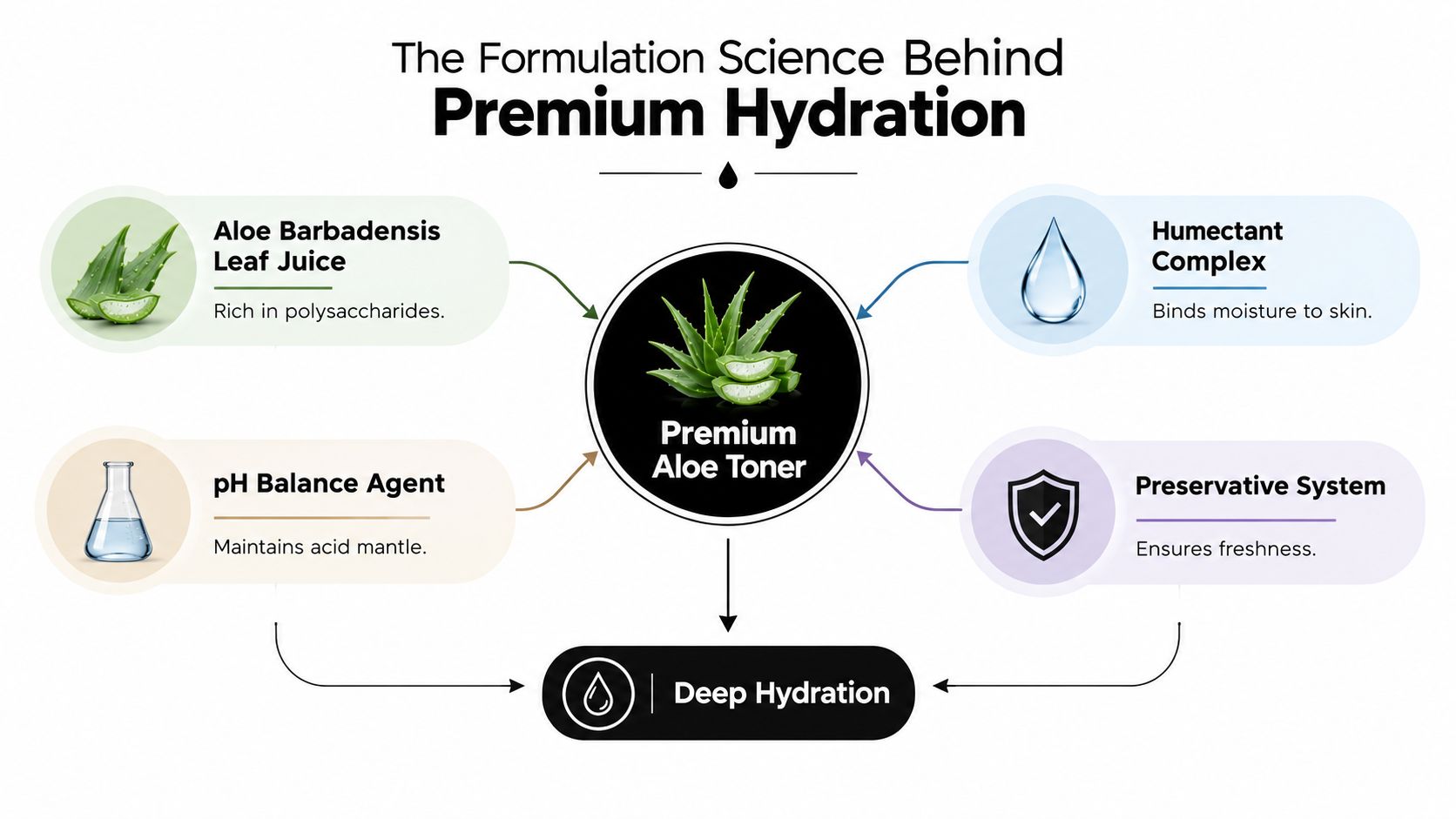 A diagram illustrating the formulation science behind a premium aloe vera toner and its deep hydration benefits.