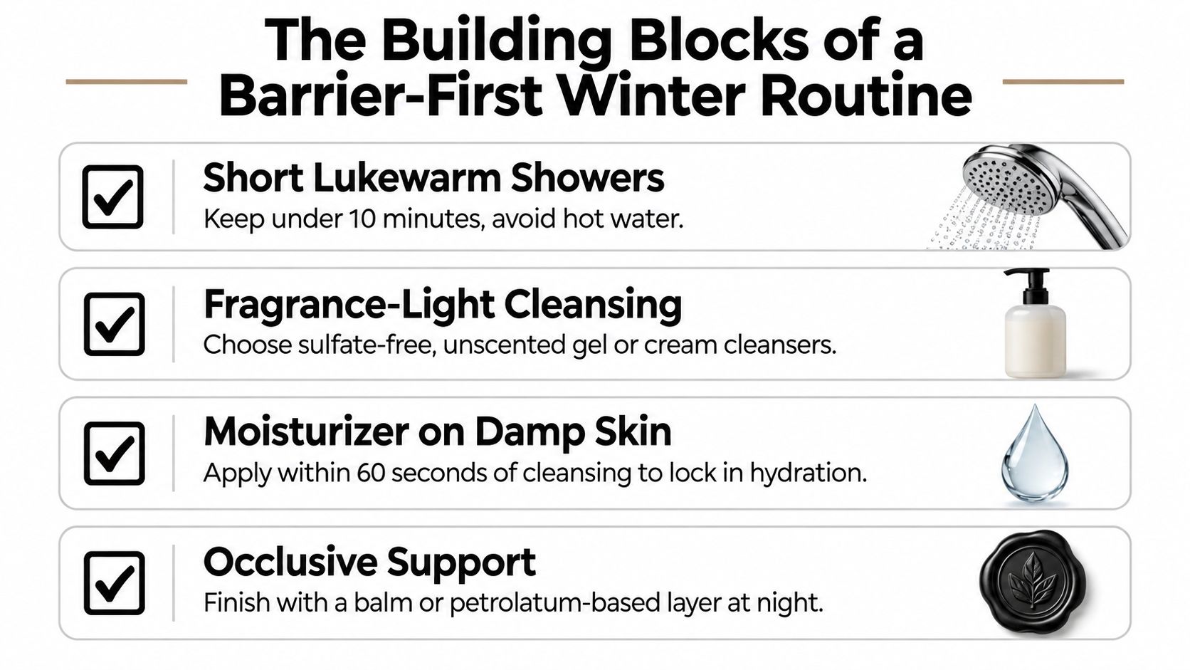 An infographic titled The Building Blocks of a Barrier-First Winter Routine, outlining four essential skincare steps.