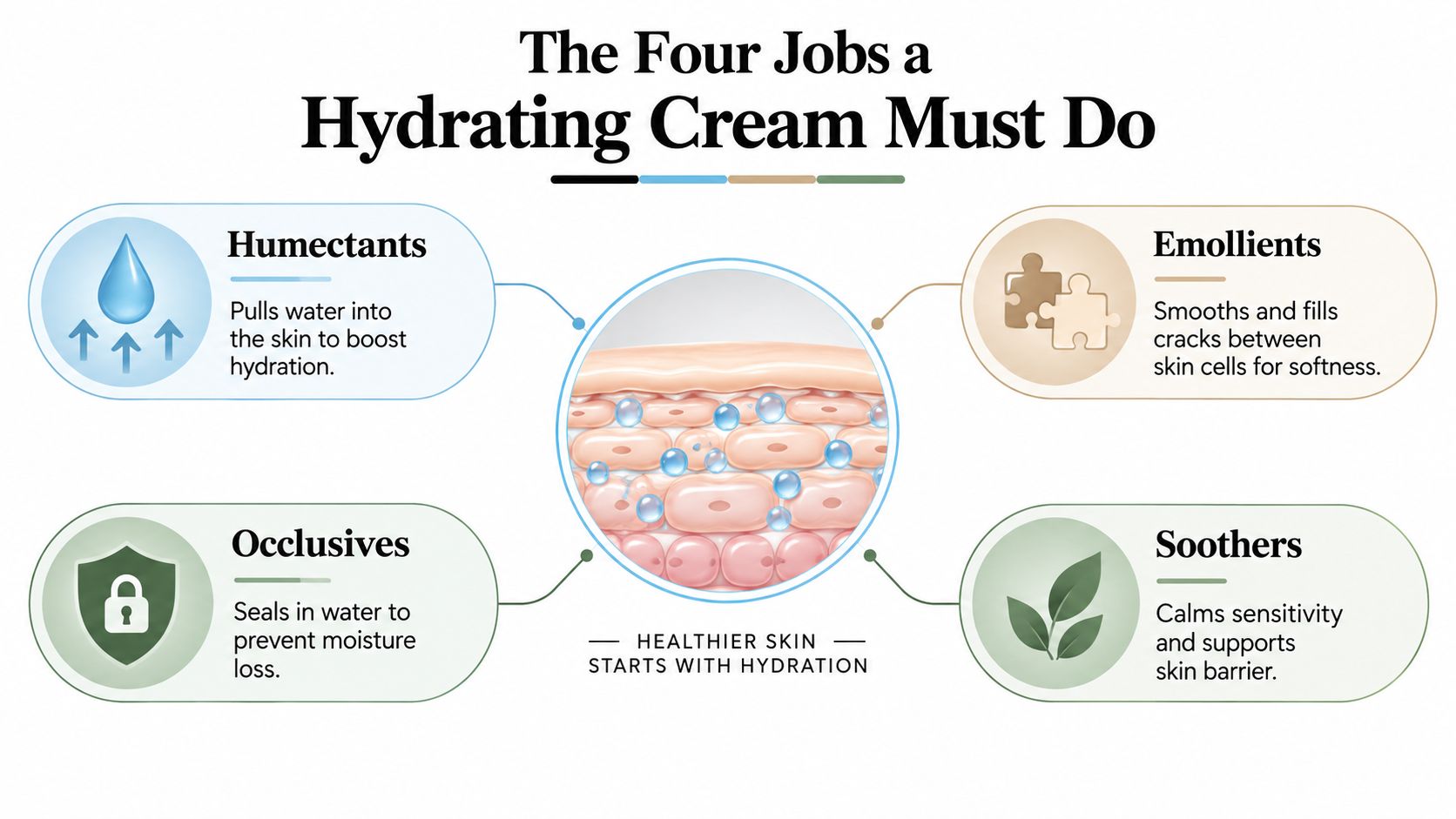 An infographic detailing the four essential functions of a hydrating cream for maintaining healthy skin.