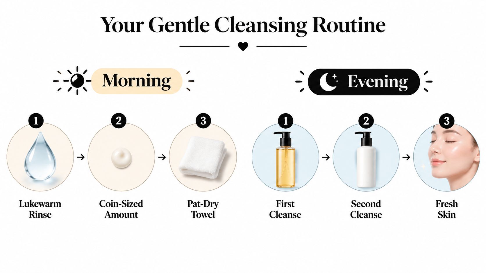 A visual guide for a daily skincare routine showing morning rinsing and evening double cleansing steps.