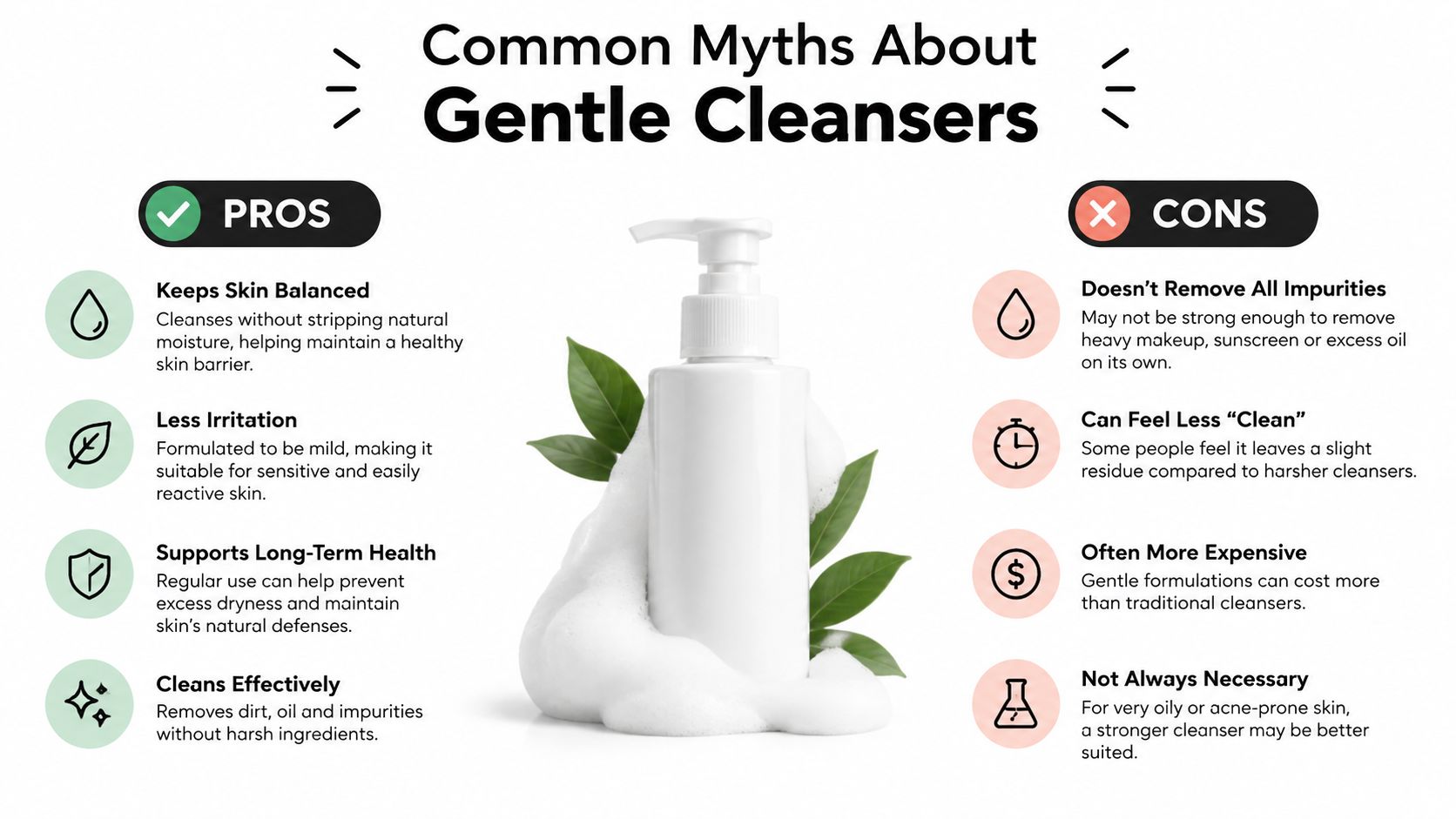 A graphic comparing the pros and cons of using a gentle cleanser for facial skincare routines.