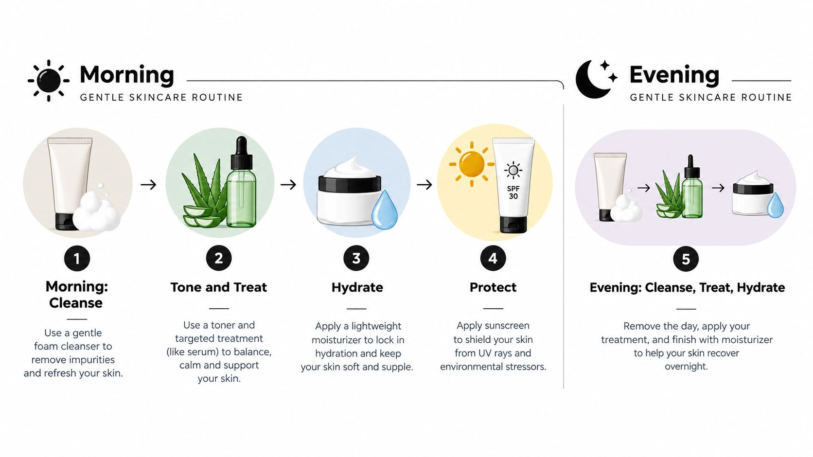 An infographic illustrating a simple morning and evening skincare routine with gentle cleansing, treating, and moisturizing steps.