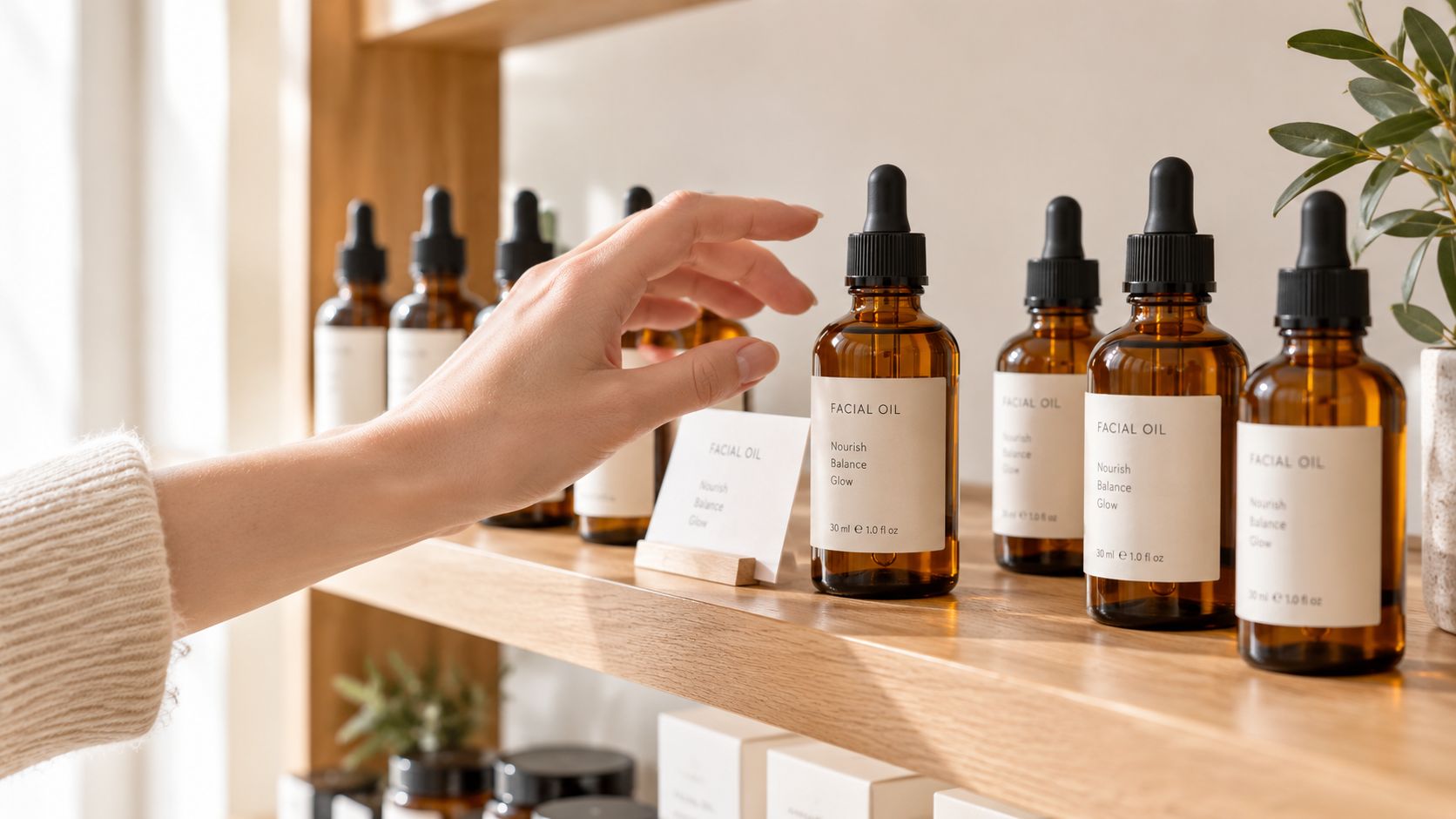 A hand reaching for a bottle of facial oil on a wooden shelf in a store