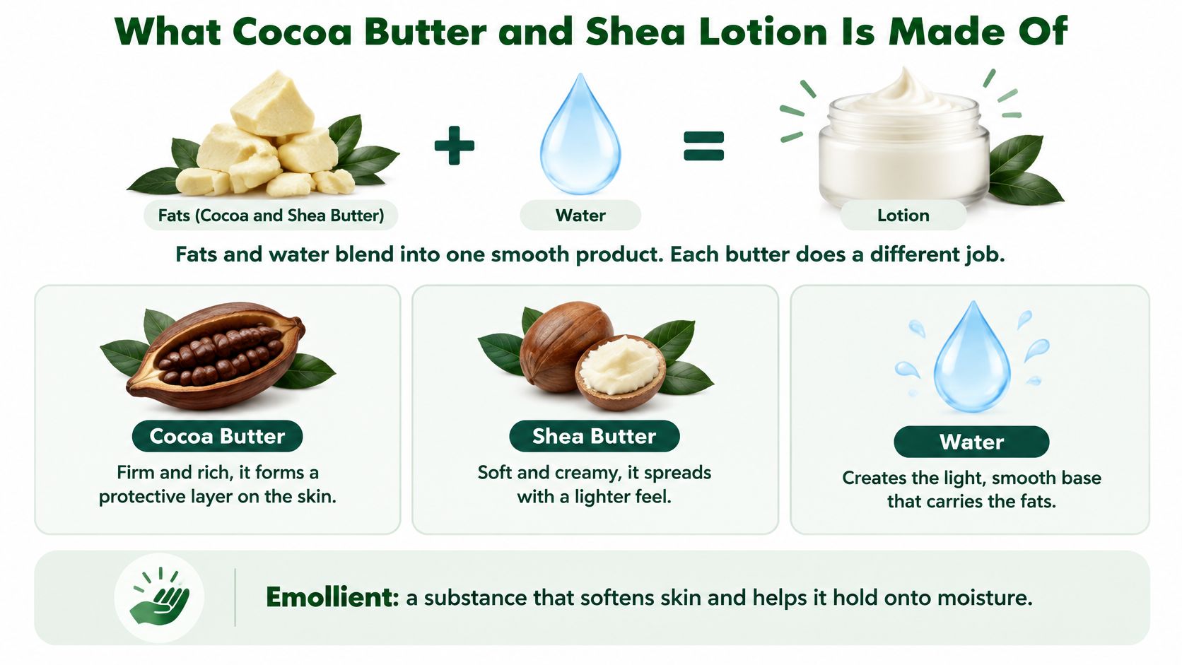 An infographic explaining the ingredients of cocoa butter and shea lotion, showing fats and water combined.