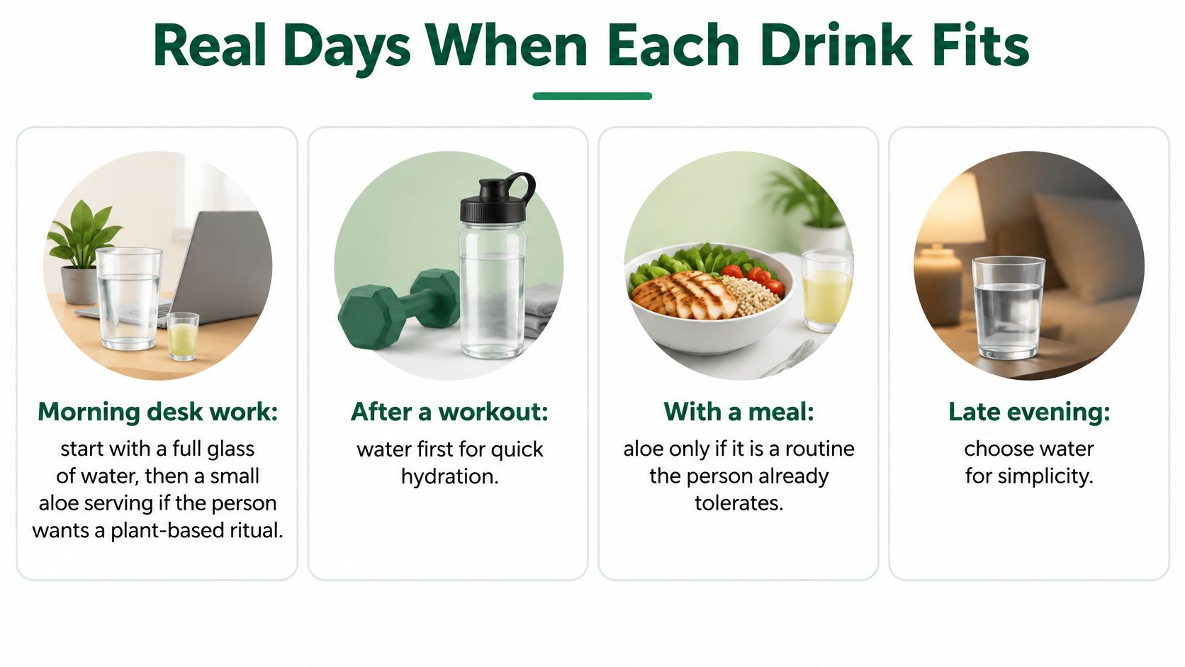 An infographic showing four scenarios for drinking water and aloe vera juice throughout the day.