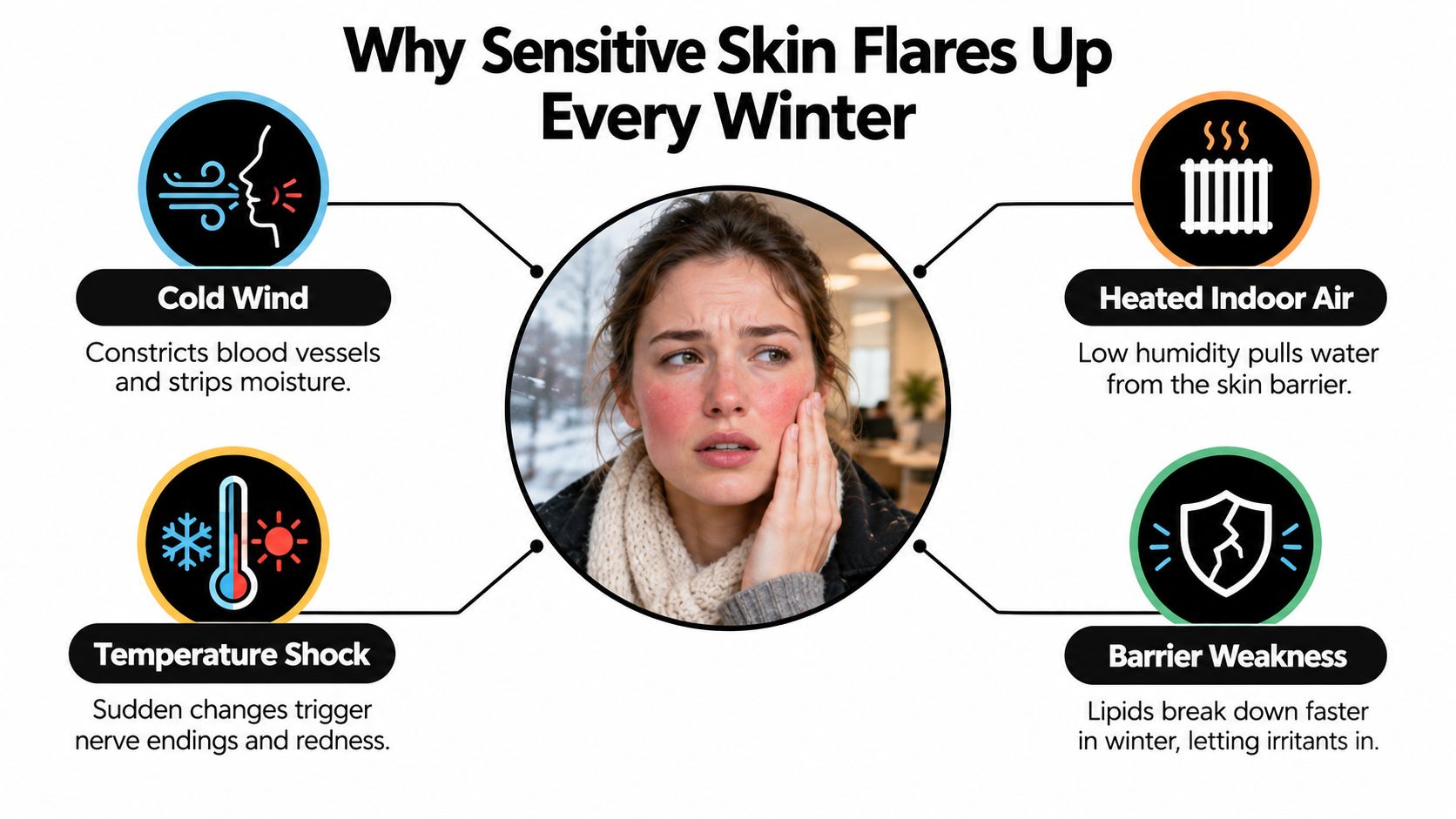 An infographic showing four common winter causes of sensitive skin flare-ups including cold wind and temperature shock.