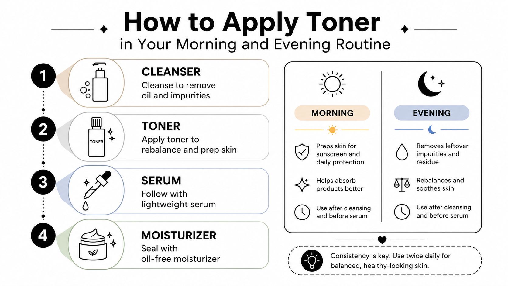 An infographic showing the four steps of a daily skincare routine including cleanser, toner, serum, and moisturizer.