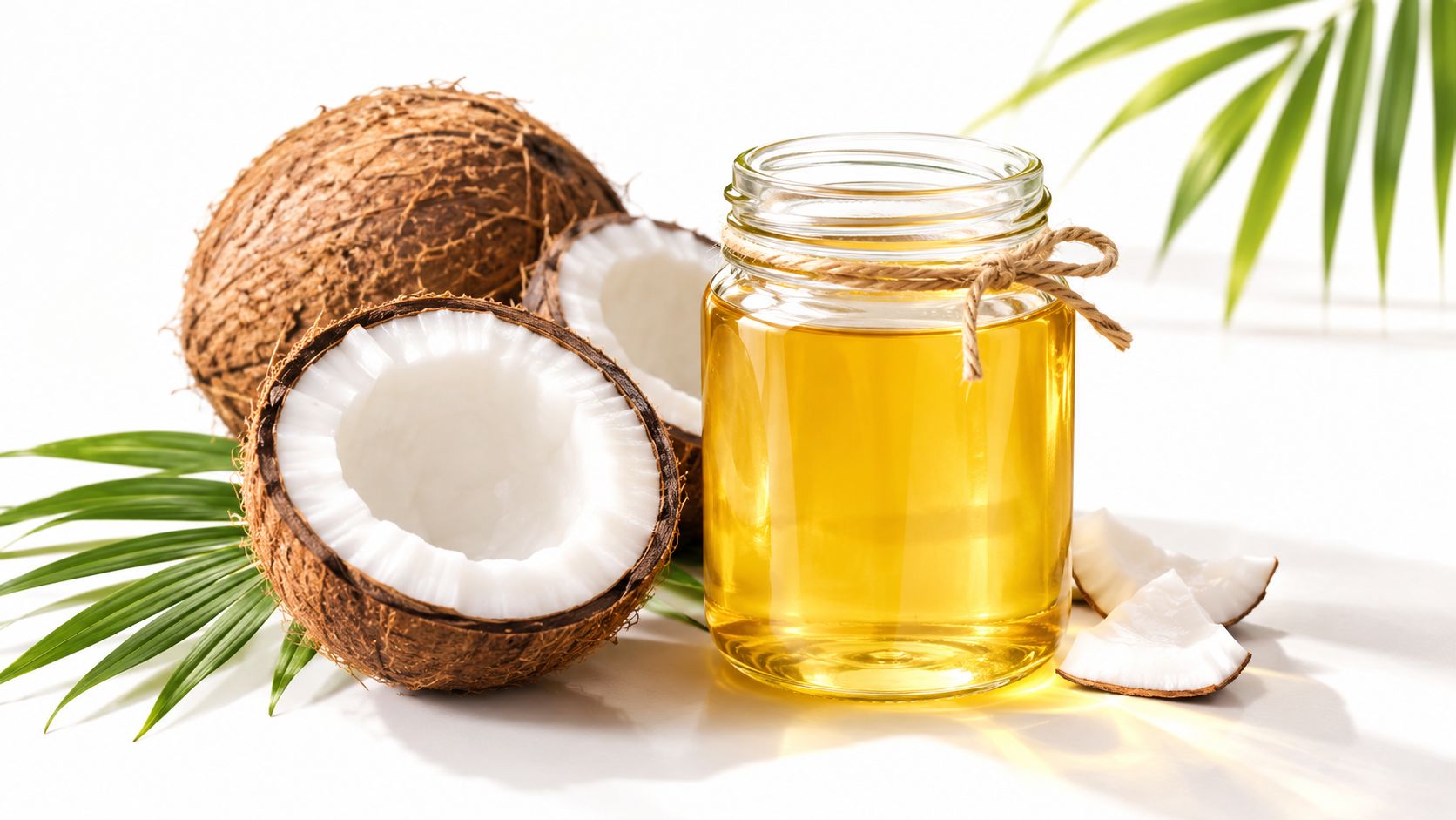 A glass jar filled with golden coconut oil, accompanied by whole and halved coconuts and palm leaves.