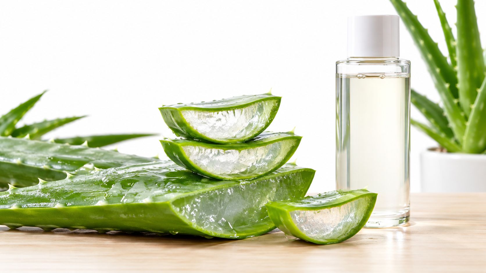 A clear bottle of aloe vera toner placed next to freshly sliced aloe vera leaves on wood.