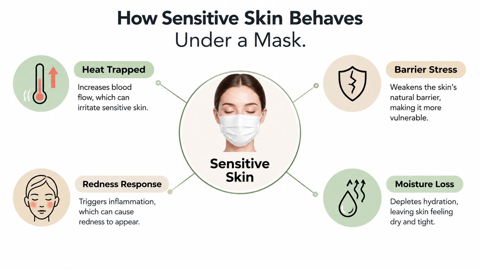 An infographic showing how wearing face masks affects sensitive skin through heat, moisture loss, and barrier stress.