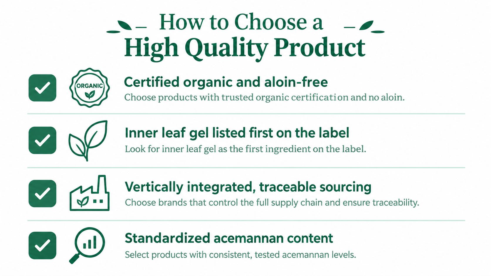 A four-point infographic guide on how to choose a high quality aloe vera leaf supplement product.