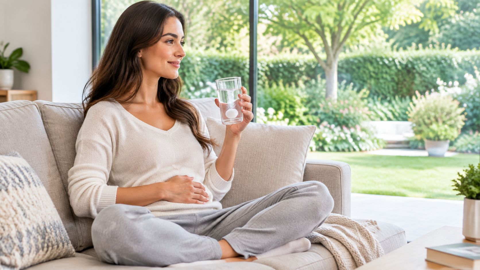 A pregnant woman sitting on a comfortable sofa holding a glass of water with an effervescent tablet.