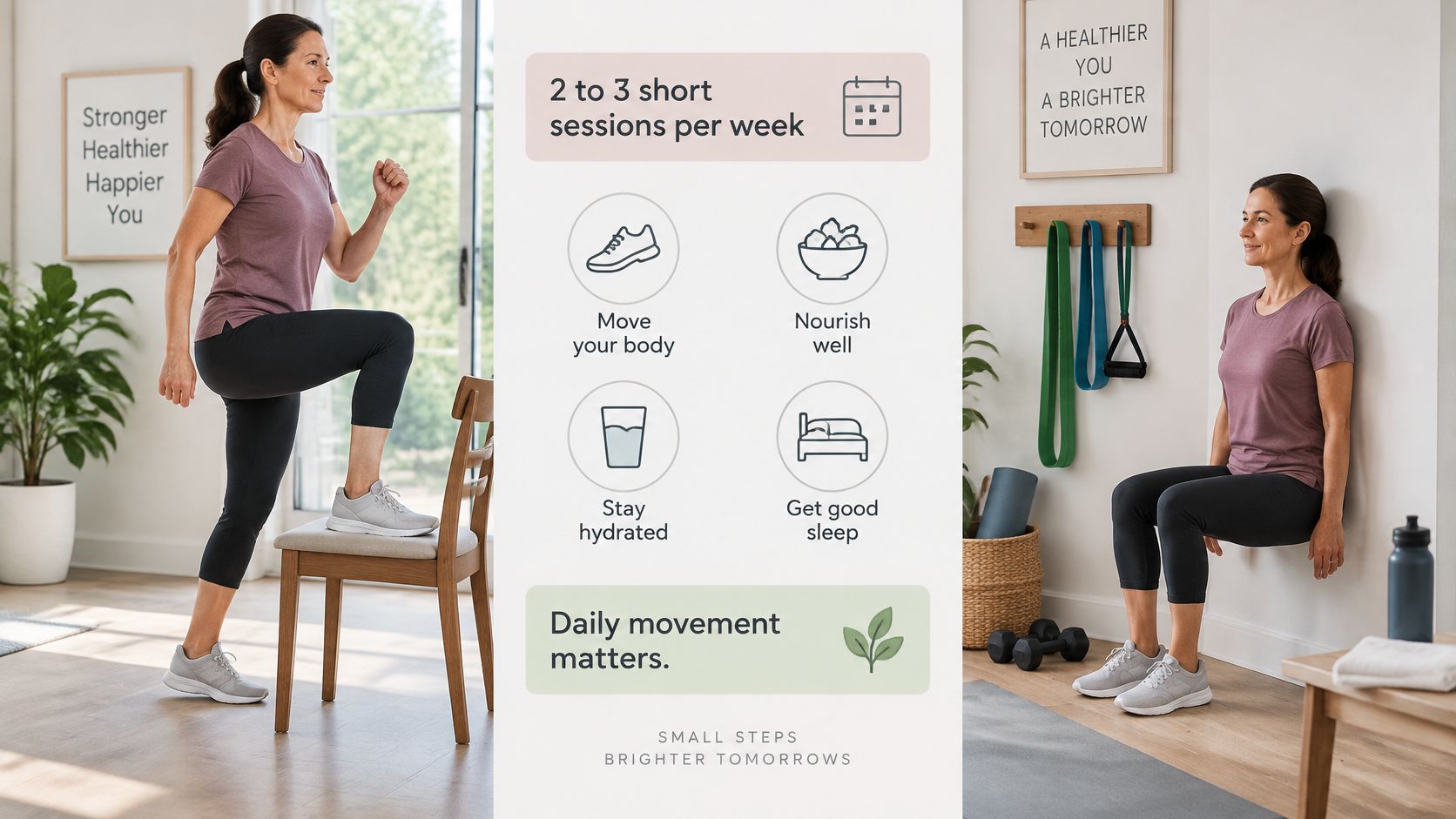 A woman demonstrating step-ups and wall sits with text promoting healthy lifestyle tips and regular exercise.