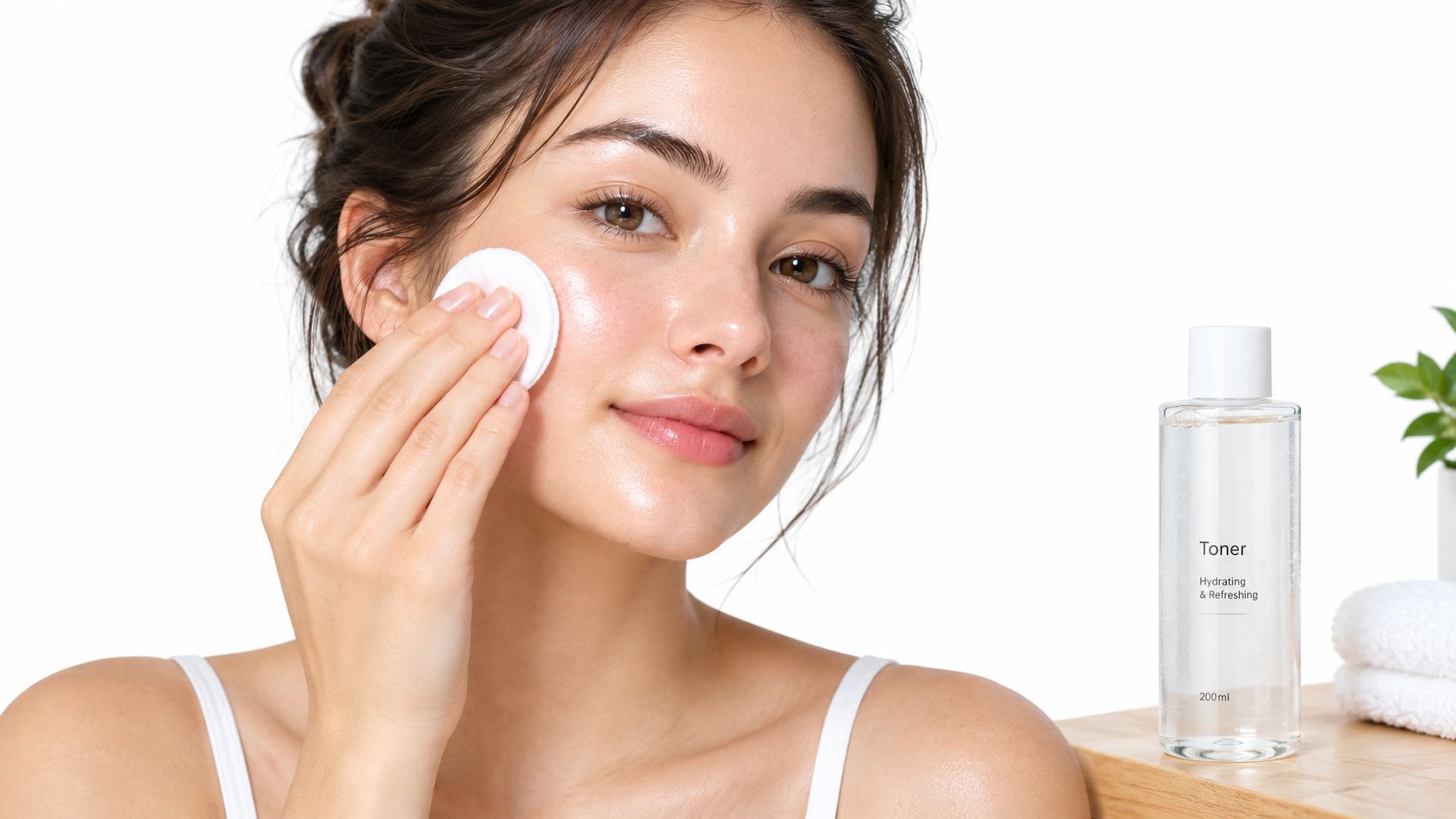 A woman applying hydrating toner on her face with a cotton pad in a beauty skin routine.