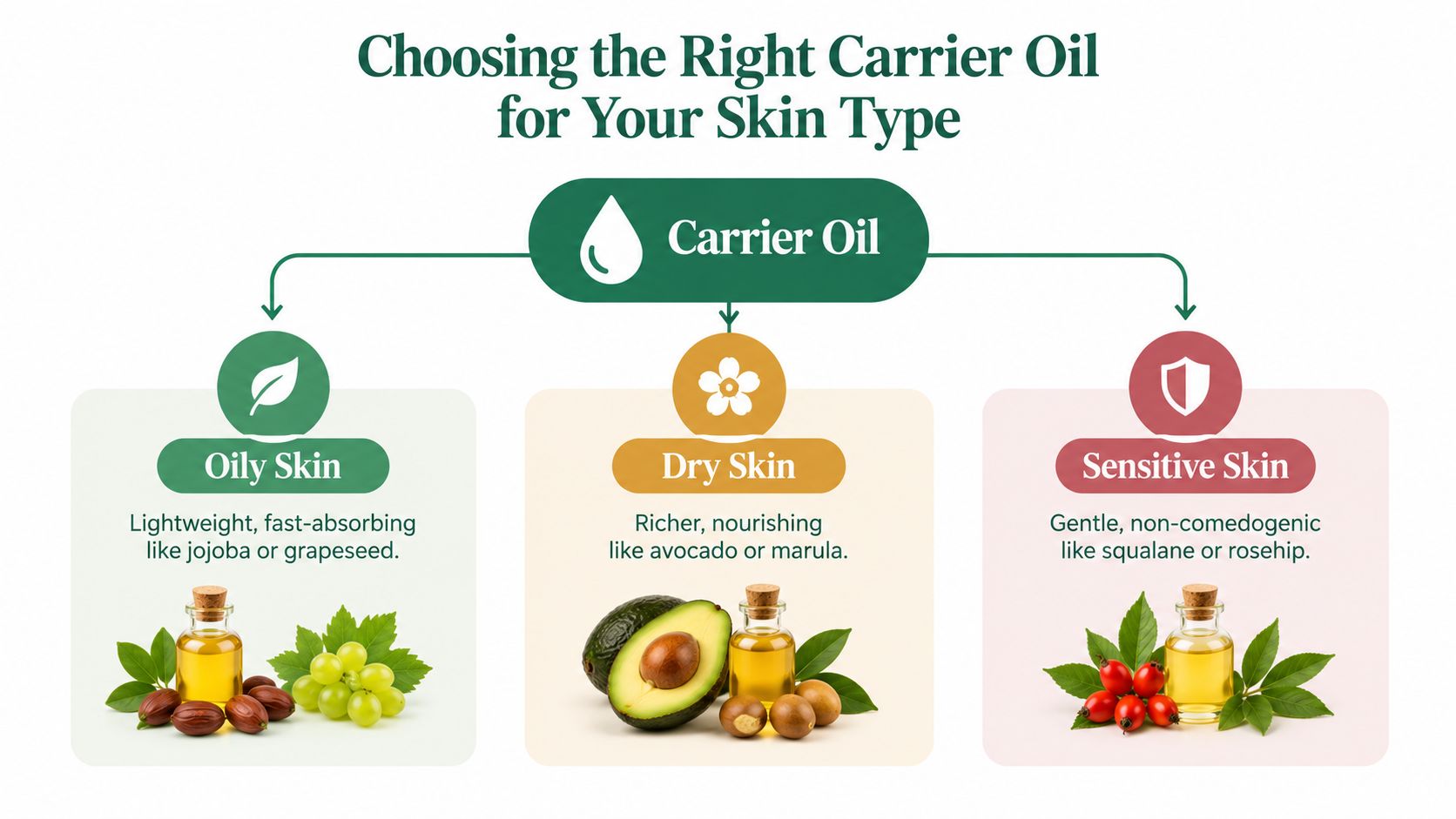 A helpful infographic guide matching different carrier oils to oily, dry, and sensitive skin types.