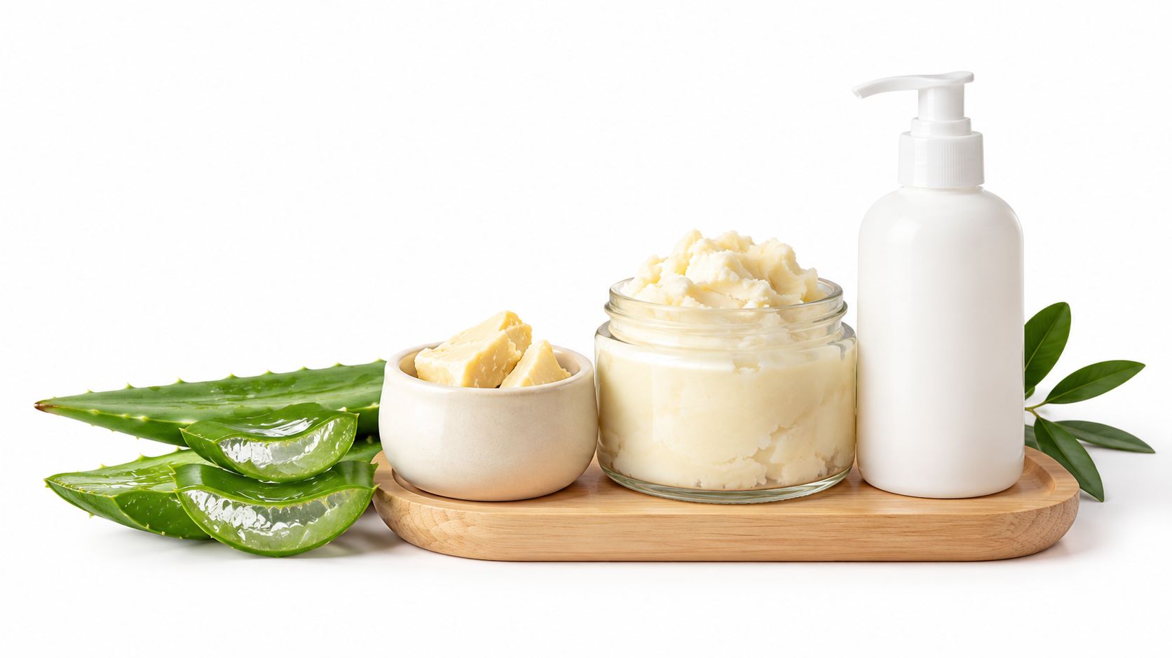 A wooden tray holding shea butter, a jar of cream, and a white pump bottle with aloe vera.